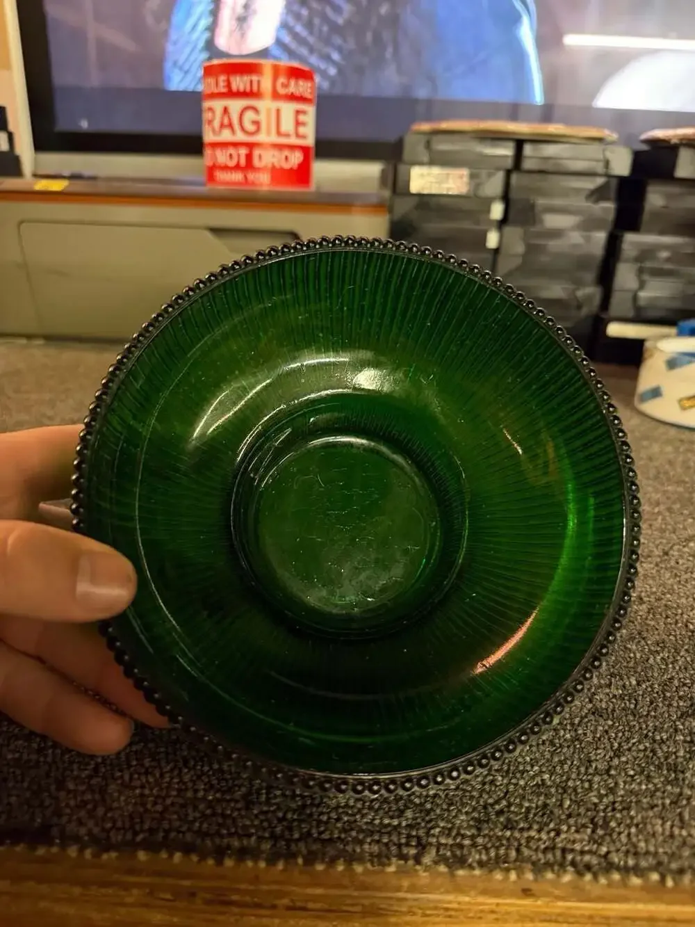 Vintage Hoosier Glass Emerald Green Ribbed Pedestal Bowl No. 4054